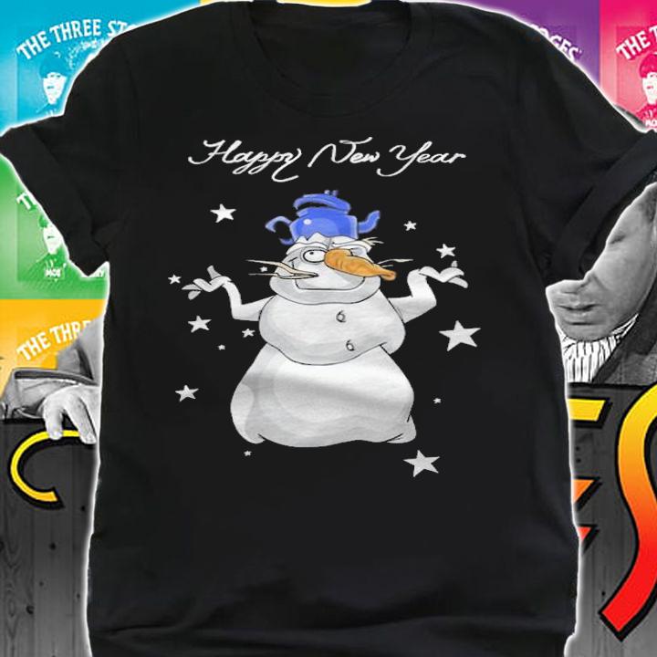 Cartoon funny snowman with teapot hat happy new year T-shirt shirt