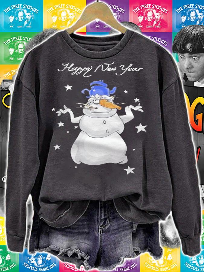 Cartoon funny snowman with teapot hat happy new year T-shirt sweatshirt