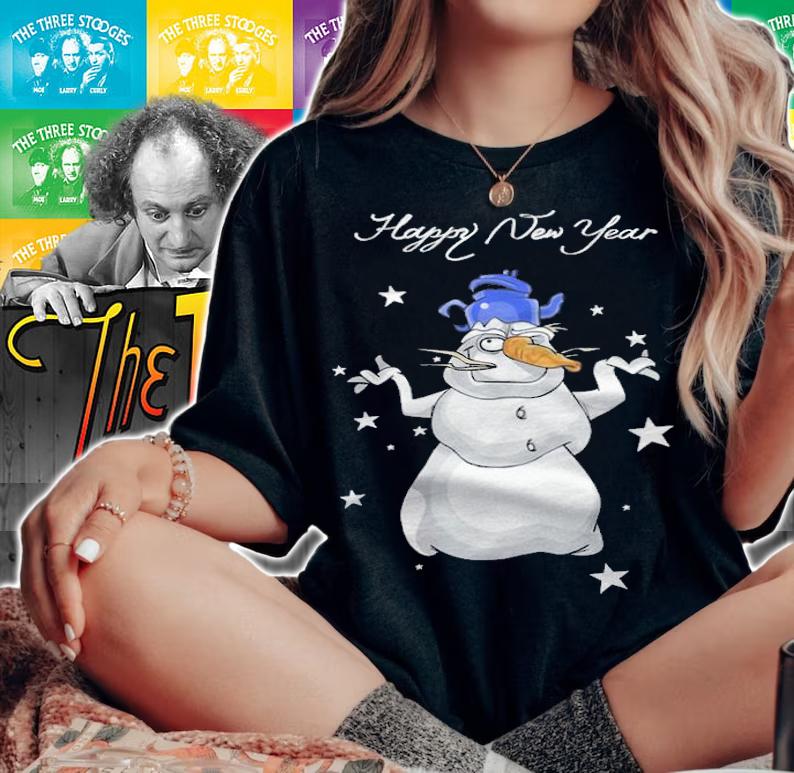 Cartoon funny snowman with teapot hat happy new year T-shirt woman shirt