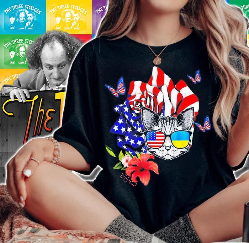 Cat Proud And Rose American Flag 4th Of July T-Shirt woman shirt
