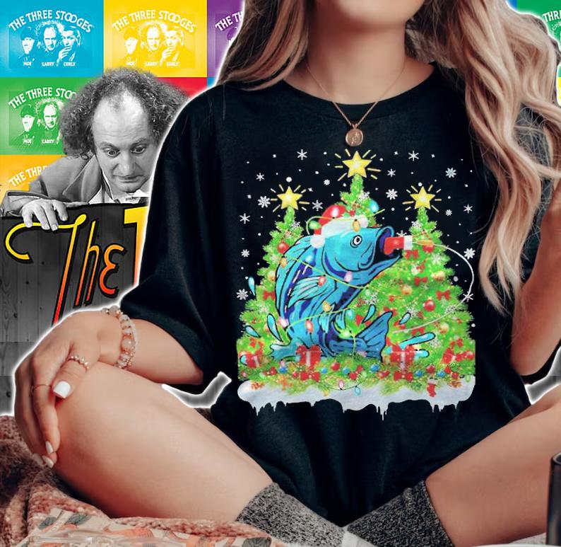 Fishing lighting Xmas tree Christmas T-shirt woman shirt