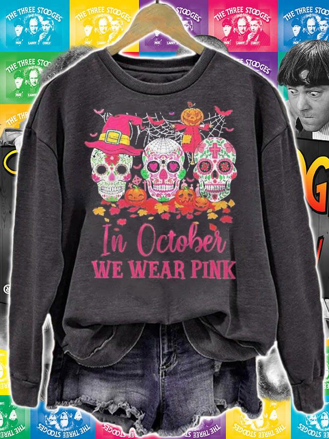 Womens Sugar Skull Witch In October We Wear Pink Breast Cancer Shirt sweatshirt